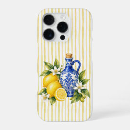 Funda Para iPhone 16 Pro Limones de cerámica azul con rayas amarillas