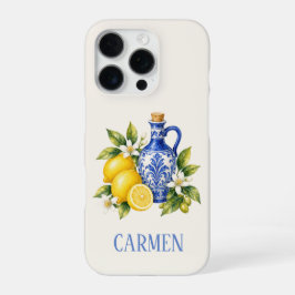 Funda Para iPhone 16 Pro Limones de Cerámica Azul Mediterránea