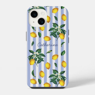 Funda Para iPhone 14 Limones Vintage Mediterráneos Franjas Azules Nombr