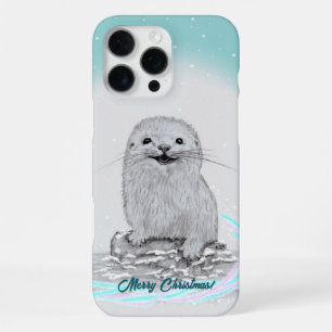 Funda Para iPhone 16 Pro Max Linda cría de nutria de mar blanca, Feliz Navidad