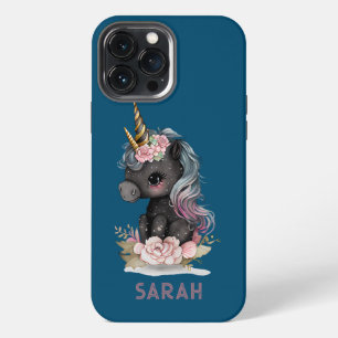 Funda Para iPhone 13 Pro Max Lindo Unicornio Negro con Flores Unicornio de Acua