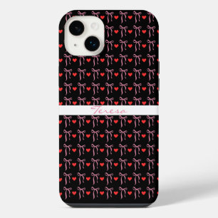 Funda Para iPhone 14 Plus Lindos lazos rosados románticos y corazones rojos,