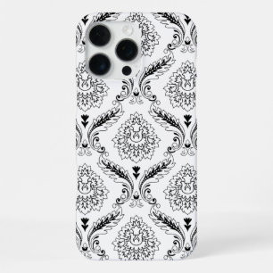 Funda Para iPhone 16 Pro Max Línea de Patrón Damask Rococó Negro sobre Blanco
