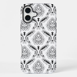 Funda Para iPhone 16 Plus Línea de Patrón de Damasco Rococó Negro sobre Blan