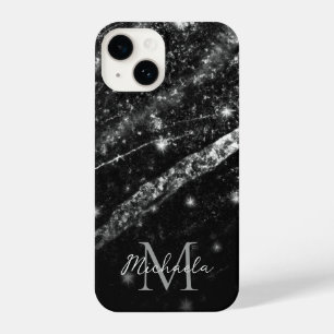 Funda Para iPhone 14 Línea espumosa moda negra plateada abstracta Monog