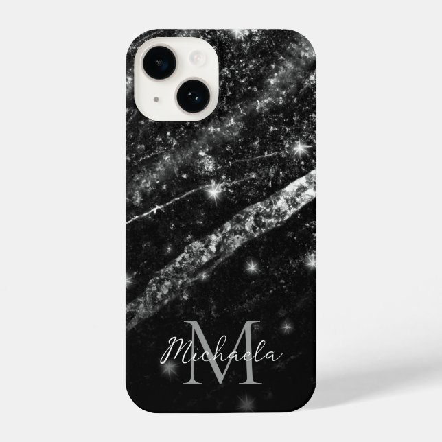 Funda Para iPhone Línea espumosa moda negra plateada abstracta Monog (Reverso )