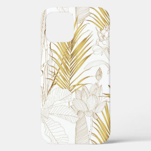 Funda Para iPhone 12 Línea floral exótica tropical hojas de palma dorad