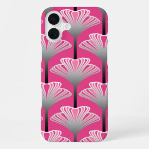 Funda Para iPhone 16 Plus Lirio Art Déco, rosa fucsia y gris plateado