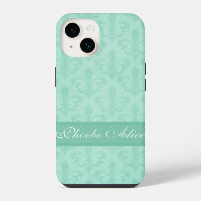 Funda Para iPhone Llamado Fleur de Lis damasco verde menta  (Reverso )