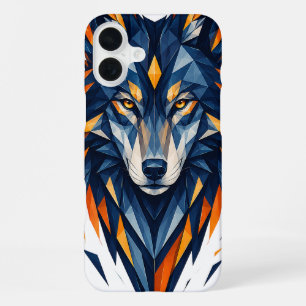 Funda Para iPhone 16 Plus Lobo Geométrico Negro y Naranja Arte Poligonal