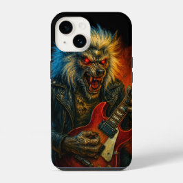 Funda Para iPhone 14 Lobo Metalizado pesado tocando guitarra