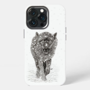 Funda Para iPhone 13 Pro Lobo negro enfadado en la nieve, invierno salvaje