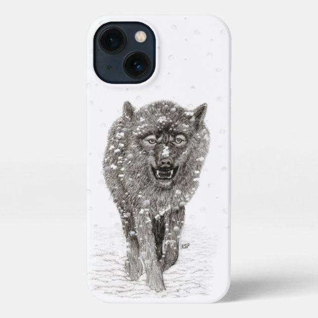 Funda Para iPhone Lobo negro enojado en la nieve, invierno salvaje (Reverso )