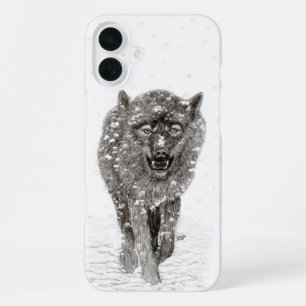 Funda Para iPhone 16 Plus Lobo Negro Enojado en la Nieve, invierno salvaje