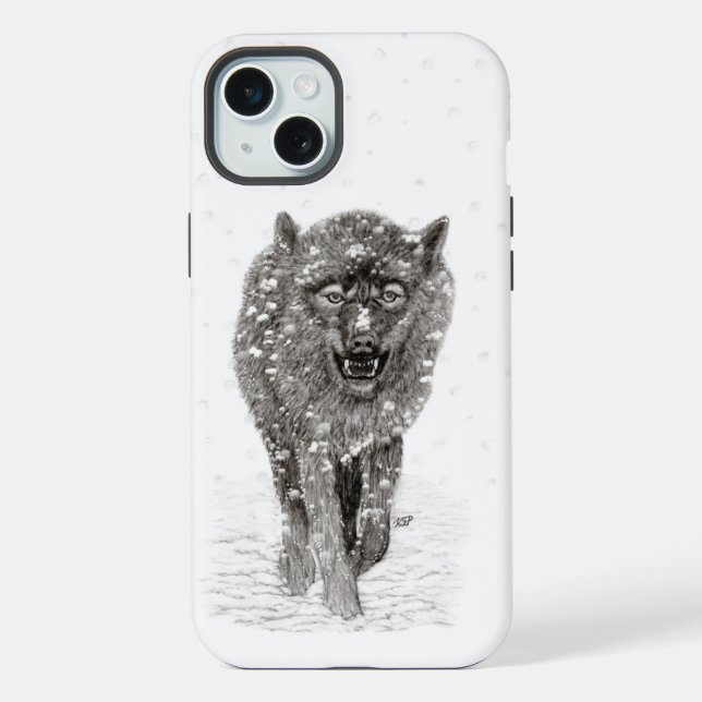 Funda Para iPhone Lobo negro enojado en la nieve, invierno salvaje (Reverso )