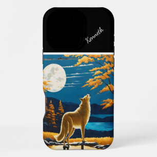 Funda Para iPhone 16 Pro Max Lobos llorando a plena Luna durante el atardecer