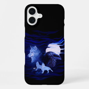Funda Para iPhone 16 Plus Lobos y cuervo con luna llena