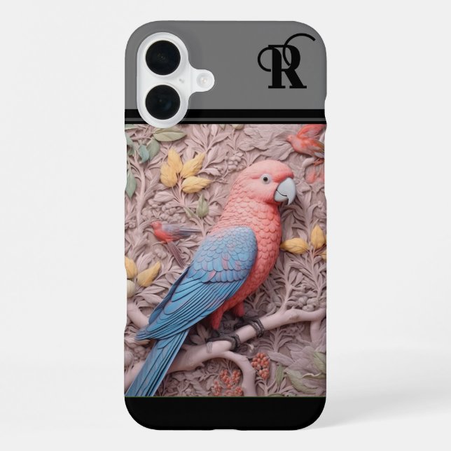 Funda Para iPhone Loro 3D moderno y flores monogramadas (Reverso )