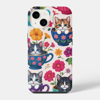 Funda Para iPhone 14 Los Gatitos de Taza y Flores
