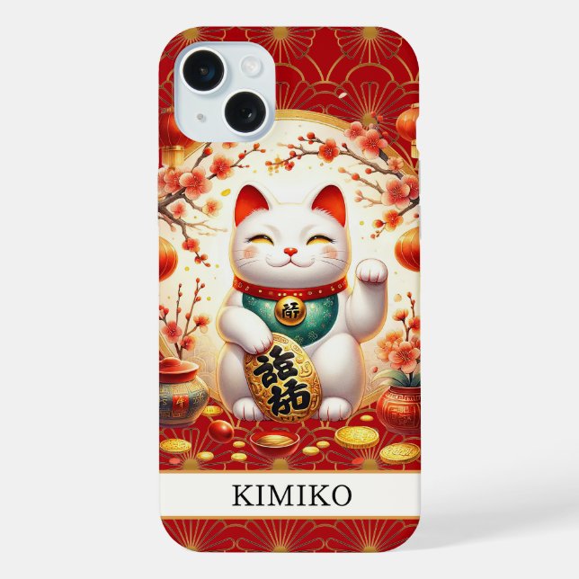 Funda Para iPhone Lucky Cat With Gold Coins On Red Monogrammed (Reverso )