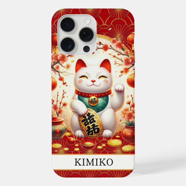 Funda Para iPhone Lucky Cat With Gold Coins On Red Monogrammed (Reverso )