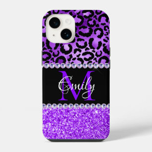 Funda Para iPhone 14 Lugares de leopardo negro y violeta glam monograma