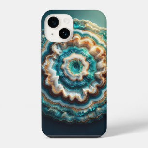 Funda Para iPhone 14 Lujo Geoda 3D Agata Cortada Druzy Teal y Oro C