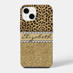 Funda Para iPhone 14 Luna de Leopardo Dorada con Rhinestone
