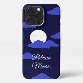 Funda Para iPhone 13 Pro Luna llena sonriente con nubes: azul oscuro