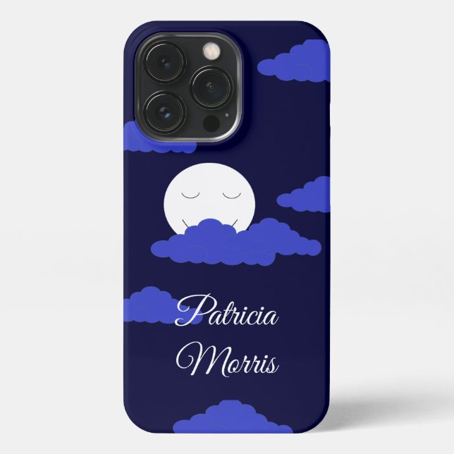 Funda Para iPhone Luna llena sonriente con nubes: azul oscuro (Reverso)