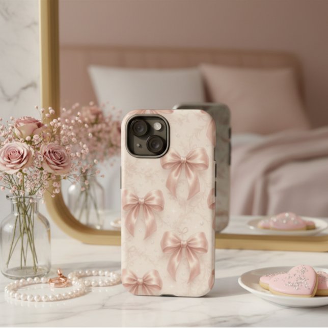 Funda Para iPhone Luxury Pastel Pink Bows and Diamonds Phone Case (Subido por el creador)