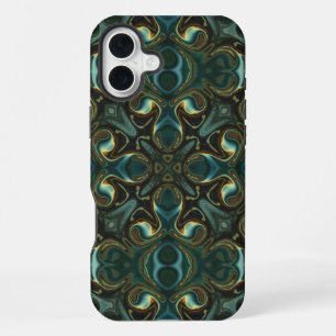 Funda Para iPhone 16 Plus Mandalá abstracto simétrico de esmeralda y oro