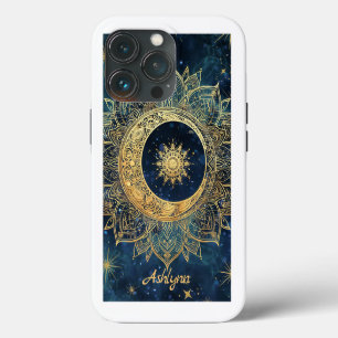 Funda Para iPhone 13 Pro Mándala personalizada del sol y la luna dorada cel