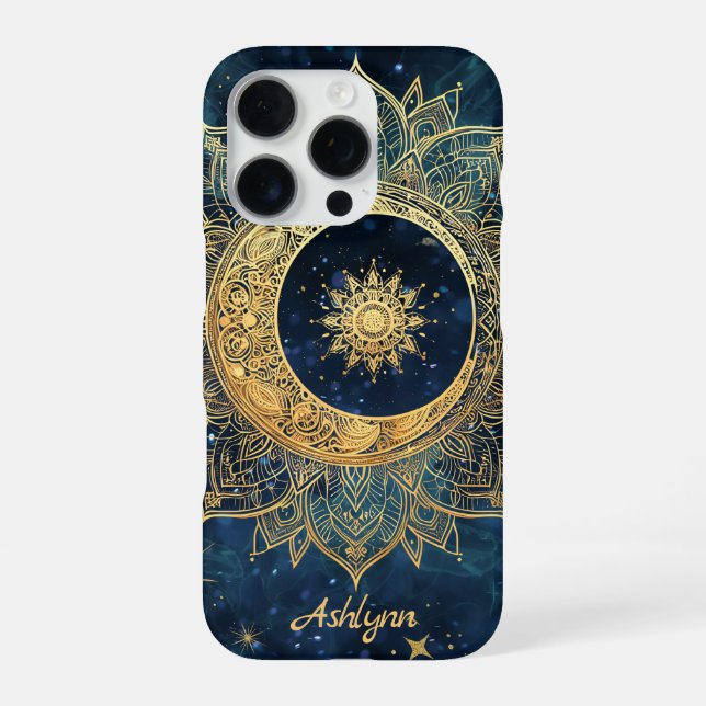 Funda Para iPhone Mándala personalizada del sol y la luna dorada cel (Reverso)