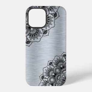 Funda Para iPhone 12 Pro Mandalá vintage negro sobre aluminio cepillado pla