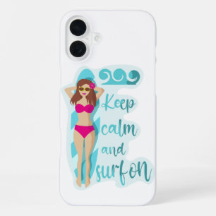 Funda Para iPhone 16 Plus Mantén la calma y surfea en tarjeta de chica moren