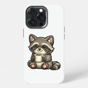 Funda Para iPhone 13 Pro Mapache Adorable con Café – Animal Kawaii Acogedor