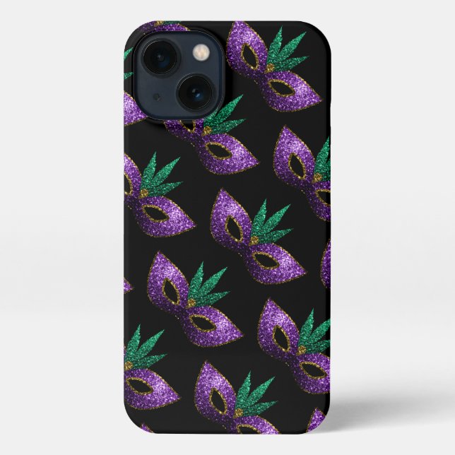 Funda Para iPhone Mardi Gras Mask Purple Green Sparkles patrón (Reverso )