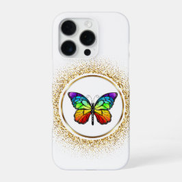 Funda Para iPhone 16 Pro Mariposa Arcoíris en un Círculo Dorado