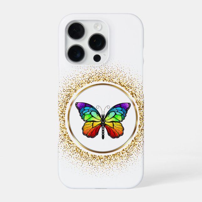 Funda Para iPhone Mariposa Arcoíris en un Círculo Dorado (Reverso)