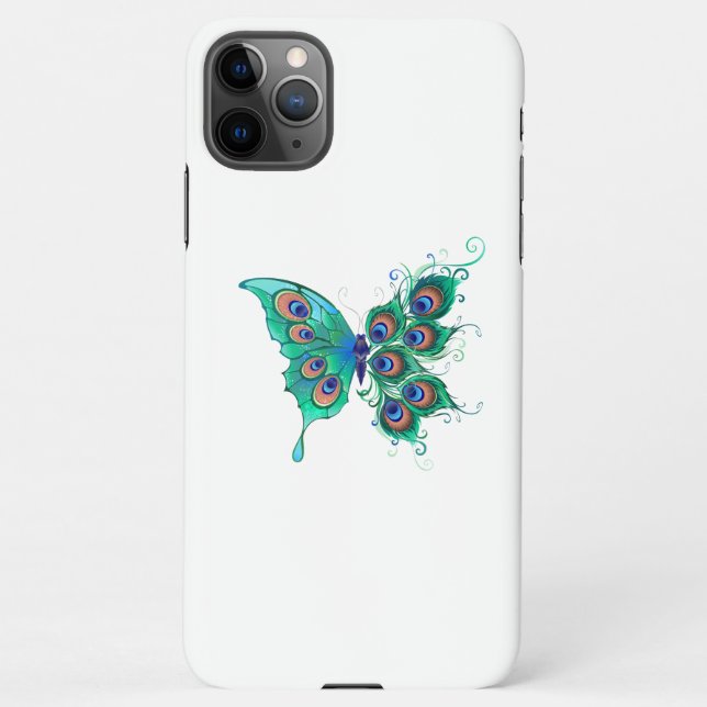 Funda Para iPhone Mariposa con plumas de pavo real verde (Reverso)