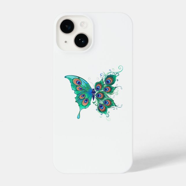 Funda Para iPhone Mariposa con plumas de pavo real verde (Reverso )