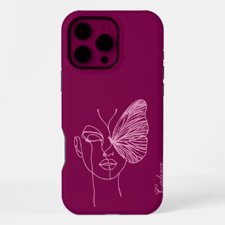 Funda Para iPhone 16 Pro Max Mariposa de arte de línea, magenta