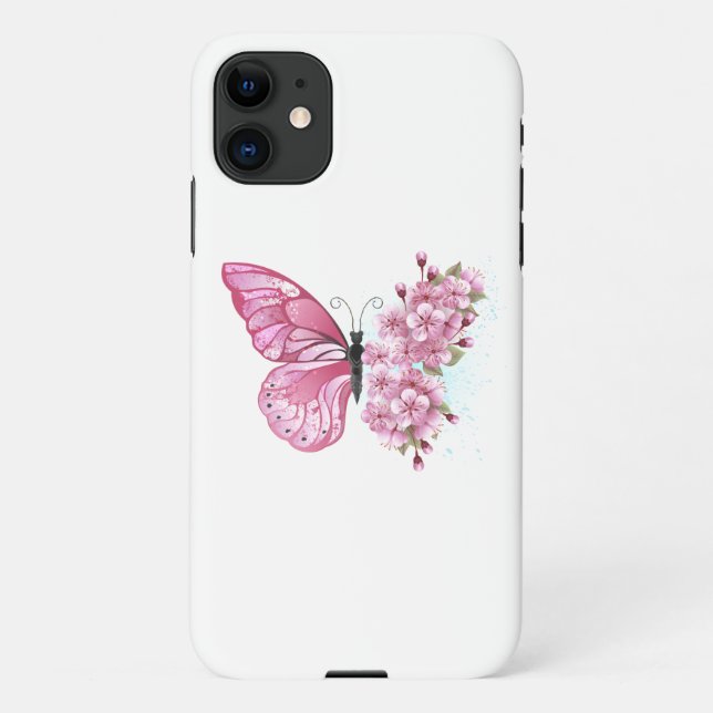Funda Para iPhone Mariposa de flores con Sakura rosa (Reverso)