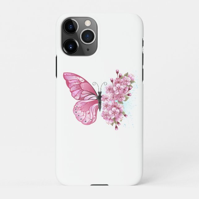 Funda Para iPhone Mariposa de flores con Sakura rosa (Reverso)
