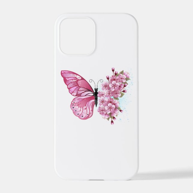 Funda Para iPhone Mariposa de flores con Sakura rosa (Reverso )