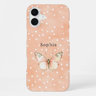 Funda Para iPhone 16 Plus Mariposa de lunares blancos de niña melocotón
