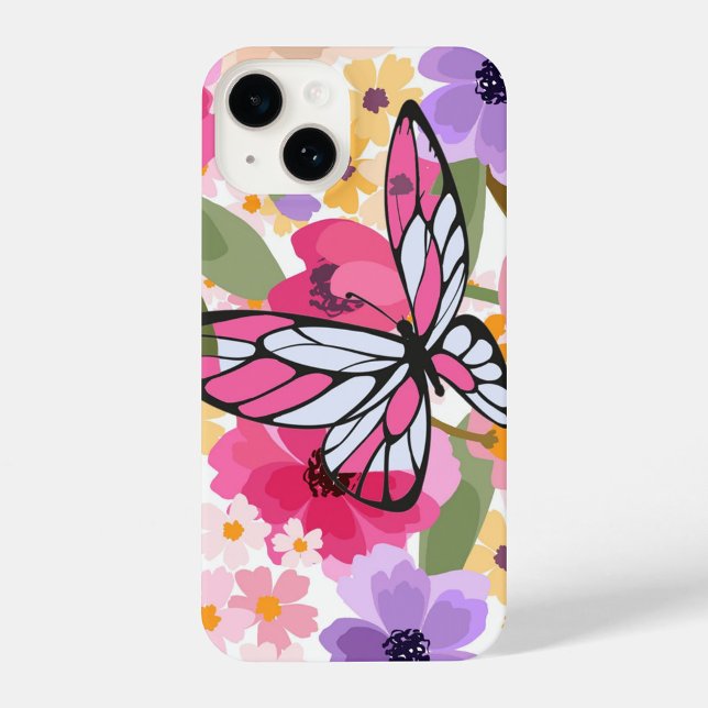Funda Para iPhone Mariposa floral (Shades of pink and white, set against a backdrop of colorful flowers.  )