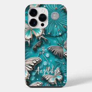 Funda Para iPhone 14 Pro Max Mariposa floral de plata y turquesa con nombre per