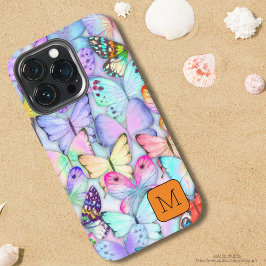 Funda Para iPhone 13 Pro Mariposa inicial acuarela púrpura y naranja
